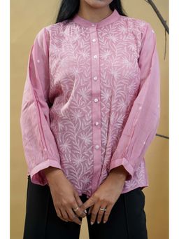 Shwet Heritage - Pink Mulmul Mandarin Neck Chikankari Embroidered Shirt