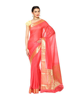 Banarasi Silk Works - Pink Valkalam Zari Anchal Border Art Saree with Unstitched Blouse