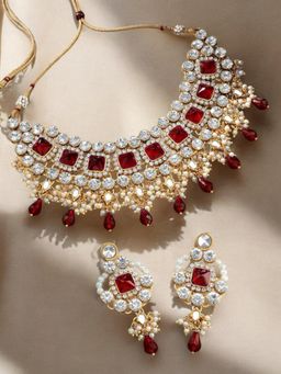 OOMPH - Rani Pink Stones & Kundan Heavy Ethnic Necklace Set with Drop Earrings