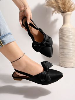 Shoetopia - Front Bow Décor Pointed Toe Flat Black Sandals