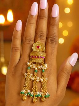 I Jewels - Multi-Color Gold Plated Traditional Adjustable Tassel Finger Ring