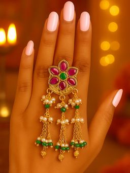 I Jewels - Multi-Color Gold Plated Traditional Adjustable Tassel Finger Ring