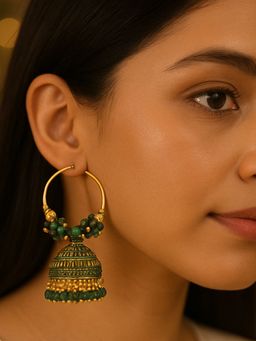 I Jewels - Green and Gold-Plated Beaded Traditional Jhumkas Earrings