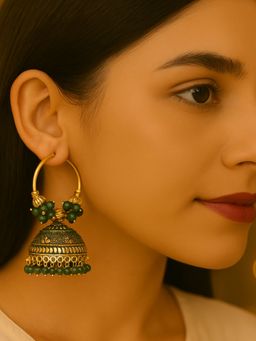 I Jewels - Green and Gold-Plated Beaded Traditional Jhumkas Earrings