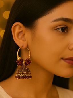 I Jewels - Maroon and Gold-Plated Beaded Traditional Jhumkas Earrings