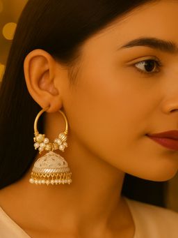 I Jewels - White and Gold-Plated Beaded Traditional Jhumkas Earrings