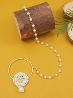 I Jewels - White Gold-Plated Stones Studded Beaded Chained Nose Ring