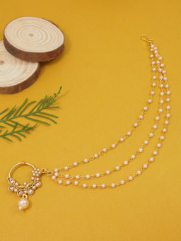 I Jewels - Pink Gold-Plated Stones Studded Beaded Chained Nose Ring