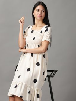 SHOWOFF - Womens Fit And Flare Cream Printed Dress