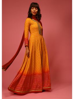 KALKI FASHION - Yellow & Red Anarkali Kurta with Dupatta and Bandhani Design (Set of 3)