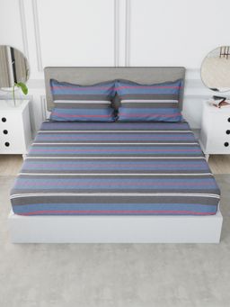 Nautica - Cotton Xl King Bedsheet with 2 Pillow Covers -3Pc Set Stripe-Blue & Red