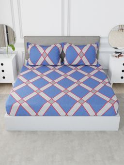 Nautica - Cotton Xl King Bedsheet with 2 Pillow Covers -3Pc Set Geometric-Blue & Red