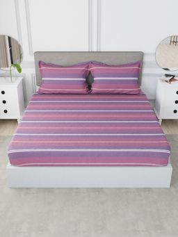 Nautica - Cotton Xl King Bedsheet with 2 Pillow Covers -3Pc Set Stripe-Plum & Purple