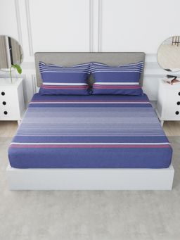 Nautica - Cotton Xl King Bedsheet with 2 Pillow Covers -3Pc Set Stripe-Navy Blue & Red
