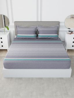 Nautica - Cotton Xl King Bedsheet with 2 Pillow Covers -3Pc Set Stripe-Grey & Aqua