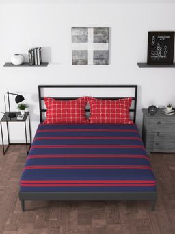 Nautica - Cotton King Bedsheet with 2 Pillow Covers -3Pc Set Stripe-Blue & Red
