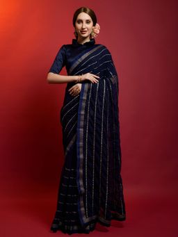 Odette - Dark Blue Georgette Striped Sarees with Unstitched Blouse