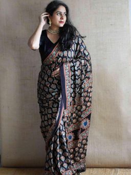 Sundarii - Shabnam - Ajrakh Modal Silk Black Hand Embroidered Saree With Unstitched Blouse