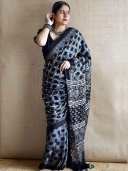 Sundarii - Mehtab - Ajrakh Modal Silk Hand Black Embroidered Saree With Unstitched Blouse