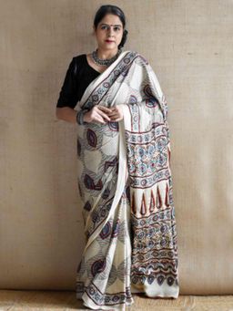 Sundarii - Nazm - Ajrakh Modal Silk Off White Hand Embroidered Saree With Unstitched Blouse