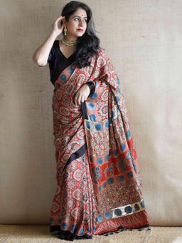 Sundarii - Surkh-E-Gul - Ajrakh Modal Silk Hand Embroidered Saree With Unstitched Blouse