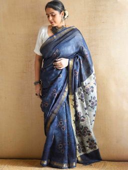 Sundarii - Badal Rekha - Bagru Navy Blue Maheshwari Silk Saree With Unstitched Blouse