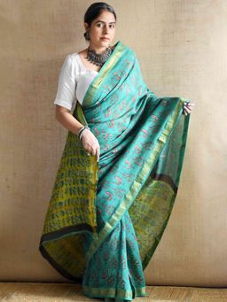 Sundarii - Haryali Leher - Bagru Green Maheshwari Silk Saree With Unstitched Blouse