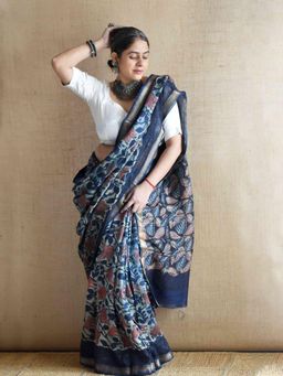 Sundarii - Chandani Baha - Bagru Navy Blue Maheshwari Silk Saree With Unstitched Blouse