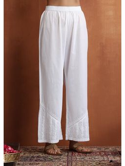 House of Chikankari - Cotton Chikankari Solid Womens Palazzo With Lace - White