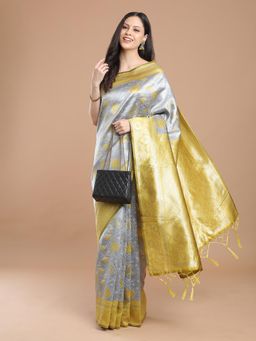 NIKATT - Grey Silk Woven Motif Saree with Unstitched Blouse