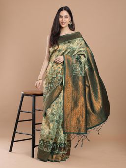 NIKATT - Green Silk Woven Motif Saree with Unstitched Blouse