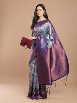 NIKATT - Blue Silk Woven Motif Saree with Unstitched Blouse