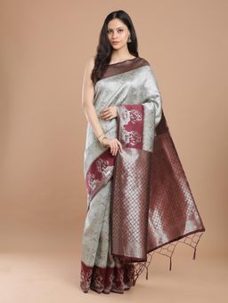 NIKATT - Grey Silk Woven Motif Saree with Unstitched Blouse