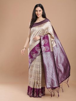 NIKATT - Beige and Purple Silk Woven Motif Saree with Unstitched Blouse