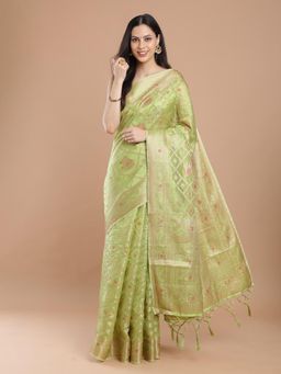 NIKATT - Olive Green Silk Woven Motif Saree with Unstitched Blouse
