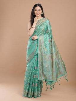 NIKATT - Aqua Blue Silk Woven Motif Saree with Unstitched Blouse