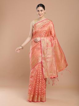 NIKATT - Coral Silk Woven Motif Saree with Unstitched Blouse