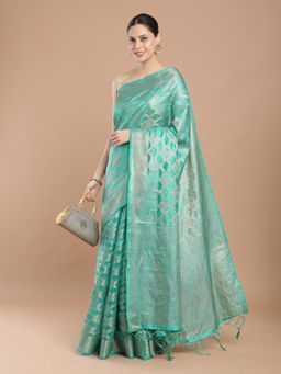 NIKATT - Teal Blue Woven Saree with Unstitched Blouse