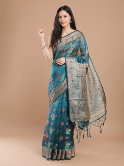 NIKATT - Teal Blue Silk Woven Motif Saree with Unstitched Blouse