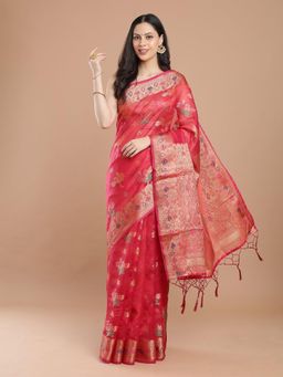 NIKATT - Red Banarasi Silk Saree With Unstitched Blouse
