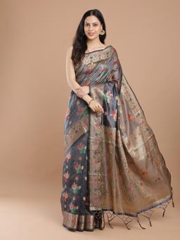 NIKATT - Grey Banarasi Silk Saree With Unstitched Blouse