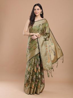 NIKATT - Olive Green Banarasi Silk Saree With Unstitched Blouse