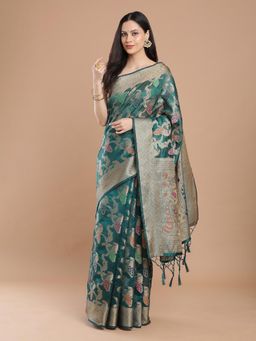 NIKATT - Teal Blue Banarasi Silk Saree With Unstitched Blouse