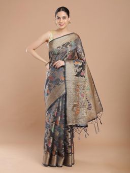 NIKATT - Grey Banarasi Silk Saree With Unstitched Blouse