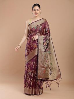 NIKATT - Purple Banarasi Silk Saree With Unstitched Blouse