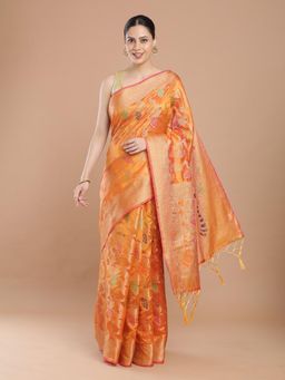 NIKATT - Orange Banarasi Silk Saree With Unstitched Blouse