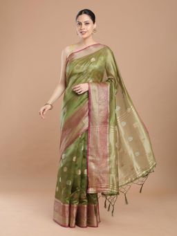 NIKATT - Olive Green Banarasi Silk Saree With Unstitched Blouse