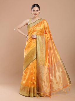NIKATT - Orange Banarasi Silk Saree With Unstitched Blouse