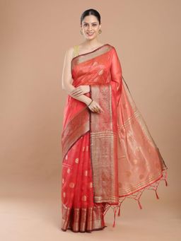 NIKATT - Coral Banarasi Silk Saree With Unstitched Blouse