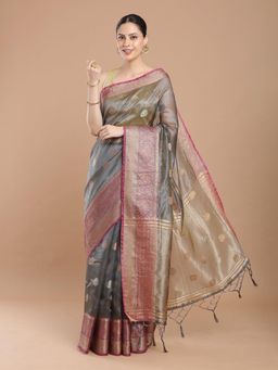 NIKATT - Grey Banarasi Silk Saree With Unstitched Blouse